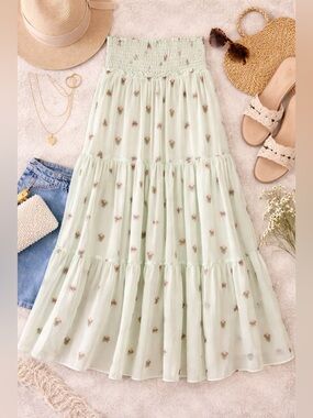 MISA Los Angeles Mint Green Floral Smocked Waist Maxi Skirt XS Boho Tiered NWT